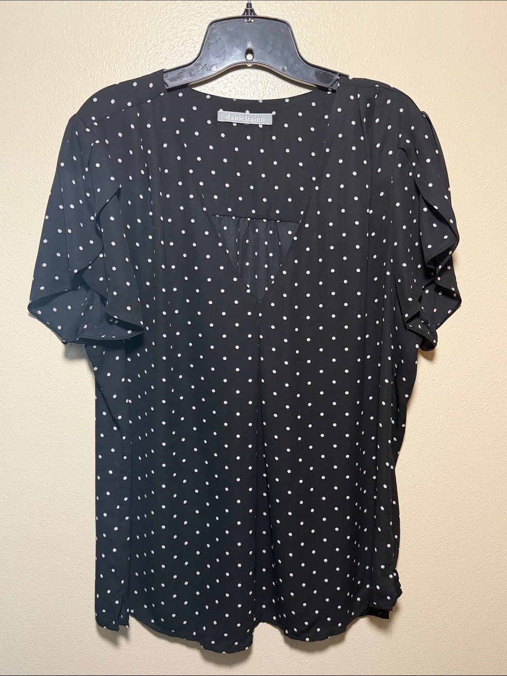 Daniel Rainn Black with White Polka Dot Flutter Sleeve Blouse